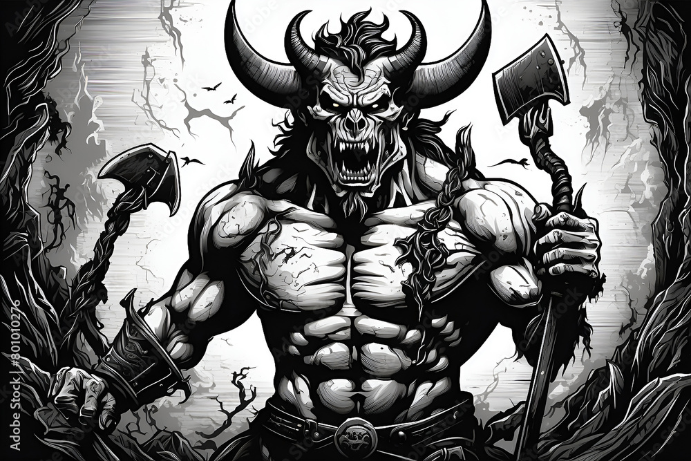 Fototapeta premium a drawing of a devil with horns and horns Echoes of the Abyss The Screaming Horseman - Black