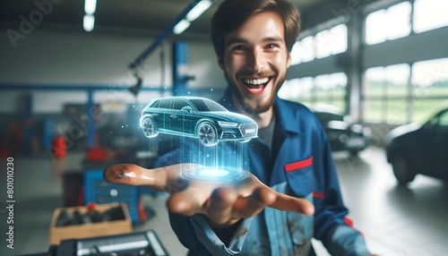 Joyful Mechanic with Car Model Hologram  Blurry Background