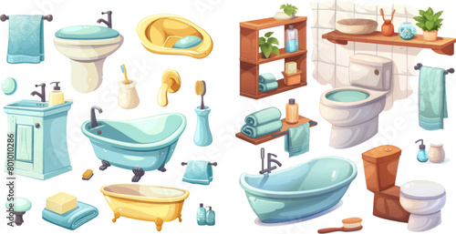  Vector bath room interior furniture and hygiene accessories