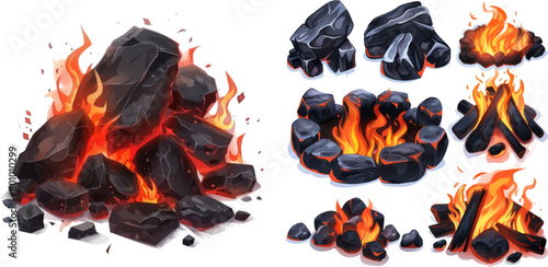 Cartoon coals, grill fire hot bbq glowing or burn heat wood coal