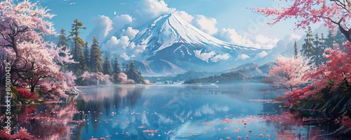 Mount Fuji reflecting in a Beautiful Lake  Surrounded by Pink Flowers. Beautiful Natural Scene with Cherry Blossom.