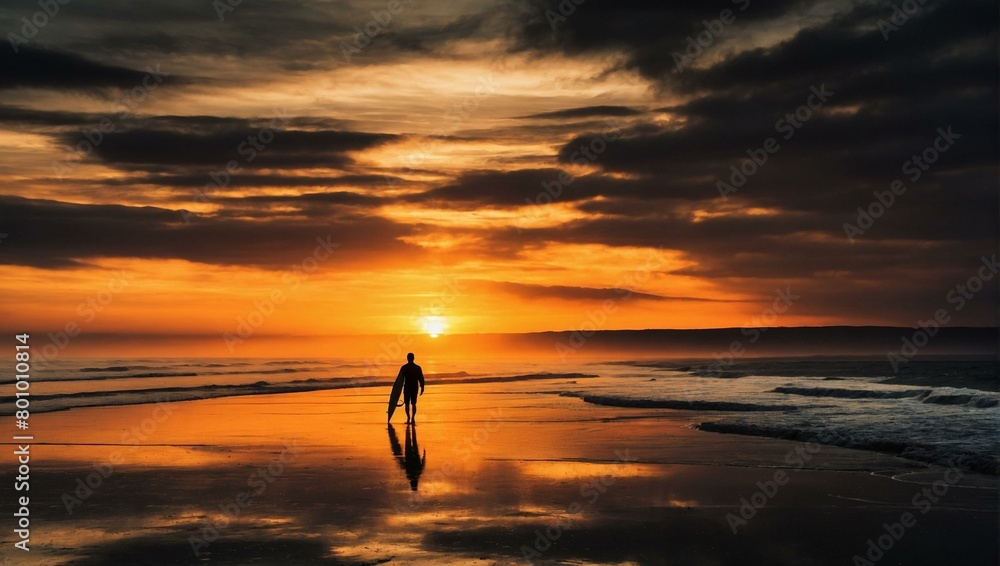A tranquil scene of a solitary figure walking along the shoreline with the sun setting, casting a warm glow and reflective path A tranquil scene of a solitary figure walking along the shoreline with the sun setting, casting a warm glow and reflective path