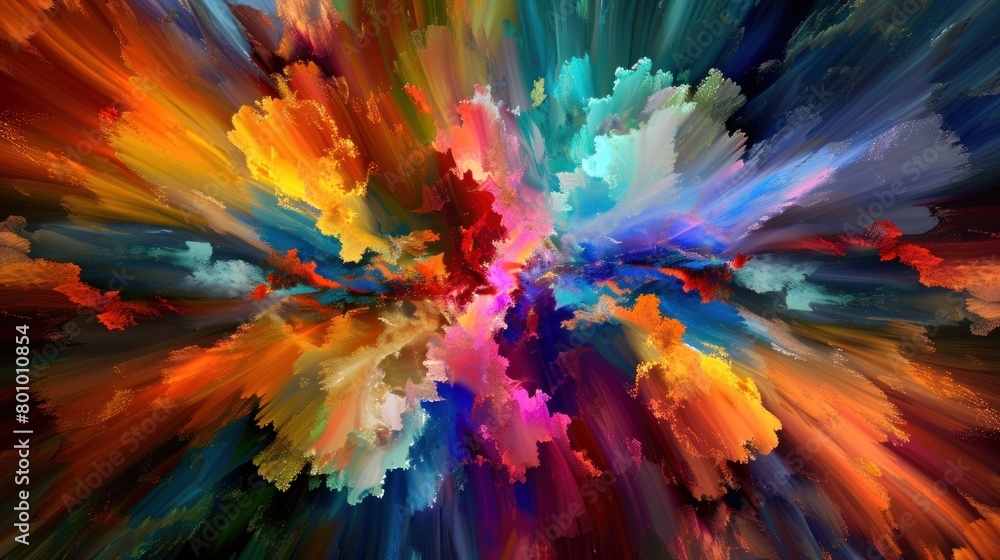 Festive abstract explosion of colorful paint on black background