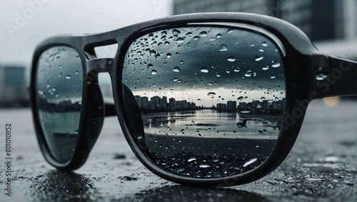 Sunglasses on a city beach in cloudy, rainy weather. photo