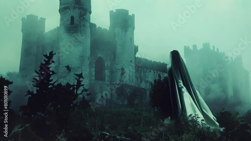Ethereal Apparition at Misty Ruins. Concept Mystical Fantasy, Ghostly Encounter, Enchanted Ruins, Eerie Atmosphere photo