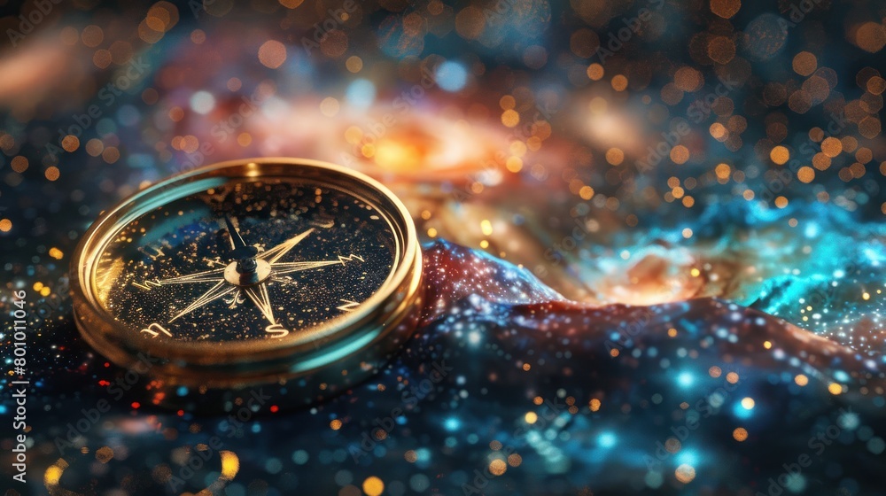 Compass on galaxy background, Direction or running out of time on life concept.