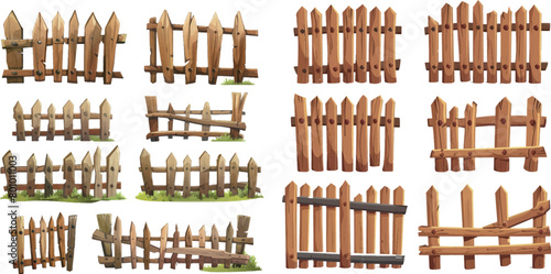 Wooden fencing. Cartoon fences wood bars materials, farm or ranch palisade fence timber balustrade photo