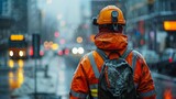 Construction worker in high-vis gear during rain in the city