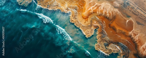 Aerial view of abstract water formation along the coastline of Elton Lake, a large salt lake with minerals in Vengelovskoe, Volgograd Oblast, Russia. photo