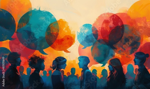 llustration of people speaking and communicating with each other. Empty speech bubbles above their heads
