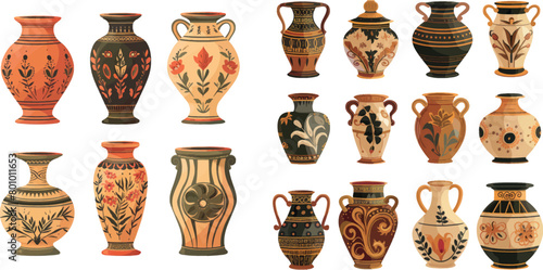Old antique clay greece pottery ceramic bowls vector illustration