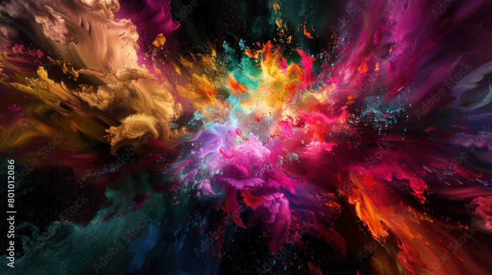 Festive abstract explosion of colorful paint on black background