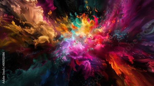 Festive abstract explosion of colorful paint on black background