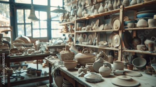 A picturesque view of a ceramic artist's studio, with a variety of finished pottery pieces on display, highlighting the creativity and craftsmanship of ceramic art on National Creativity Day.