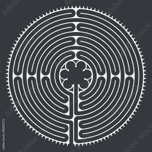 Labyrinthe Cathédrale de Chartres Illustration Vecteur - Symbolisme Méditation Histoire - Motif Floral - Géometrie Sacrée - Noir et Blanc