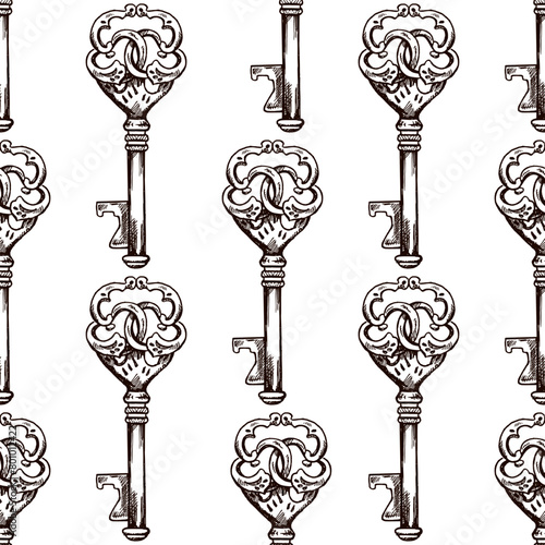 Hand-drawn seamless pattern of vintage decorative keys sketches with intricate forging. Ink and pen drawing illustration, keys on white background.