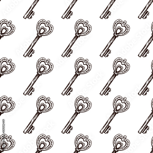 Hand-drawn seamless pattern of vintage decorative keys sketches with intricate forging. Ink and pen drawing illustration, keys on white background.