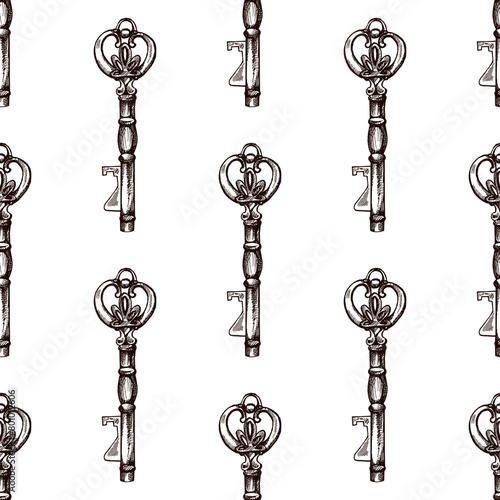 Hand-drawn seamless pattern of vintage decorative keys sketches with intricate forging. Ink and pen drawing illustration, keys on white background.