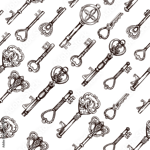Hand-drawn seamless pattern of vintage decorative keys sketches with intricate forging. Ink and pen drawing illustration, keys on white background.