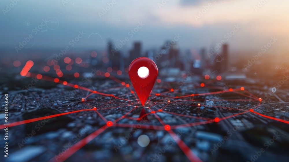 Red map pin in cityscape and network connection, Indicating the city destination on the map and connection concept. Red map pin in cityscape and network connection, Indicating the city destination on the map and connection concept.