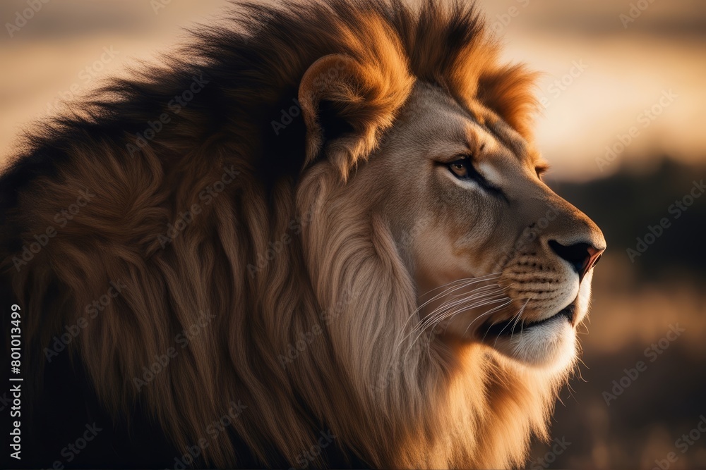 Naklejka premium 'portrait rich lion mane black africa fur dangerous power king animal wildlife view front nature safari wild cat furry felino predator mammal looking male big danger strength african background head'