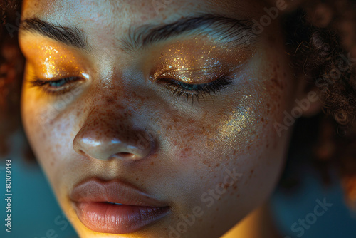 Close-up portrait of a young attractive dark-skinned woman with closed eyes and golden shadows on her eyelids. Freckles on dark skin. Generated by artificial intelligence