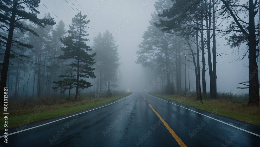 Fog on a road in the forest, poor visibility.