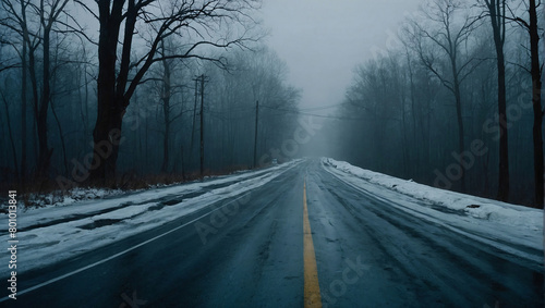 Fog and ice on the road in winter.