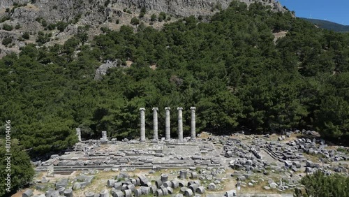 Ruins of Athena Temple in Destroyed Ancient City of Priene in Spring Day, Aydin - Turkey photo
