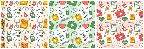 Doctors Seamless Pattern Design with Medical Equipment in Template Hand Drawn Cartoon Illustration