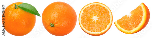 Orange fruit with leaves, half and slices isolated, Orange fruit macro studio photo, transparent PNG, collection, PNG format, cut out.