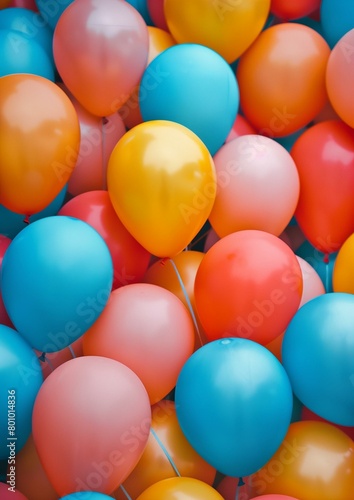 Vibrant Assortment of Party Balloons in Blue, Orange, and Red Tones