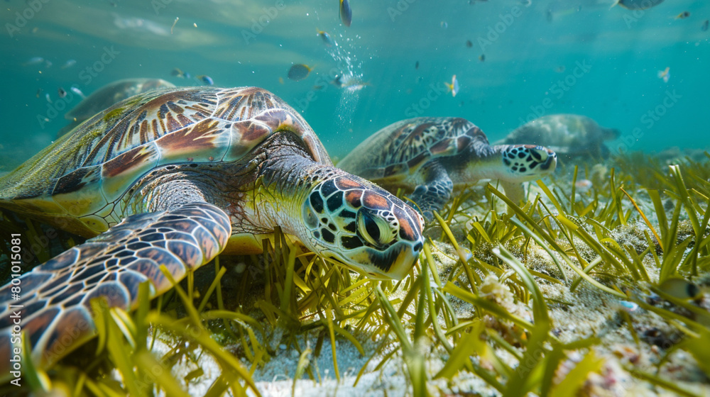 Fototapeta premium A group of green sea turtles grazing on seagrass in shallow waters.