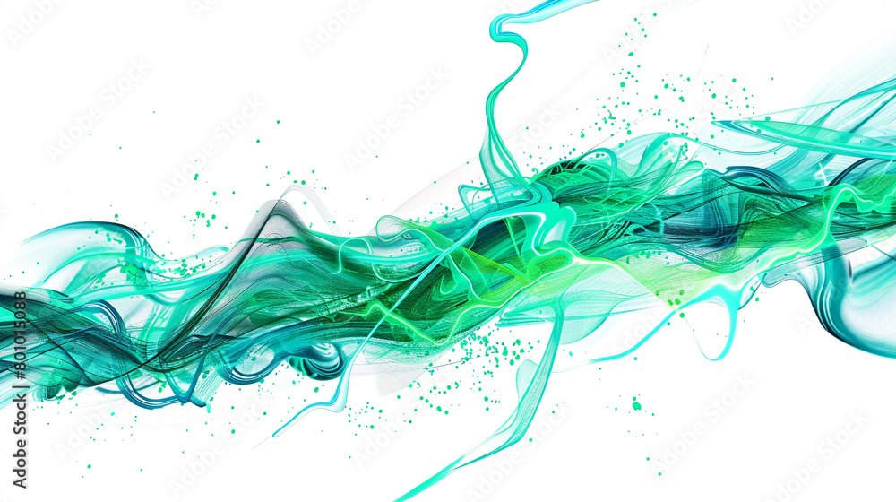 Energetic neon green lightning streaks alongside vivid cyan wave patterns, isolated on a solid white background.