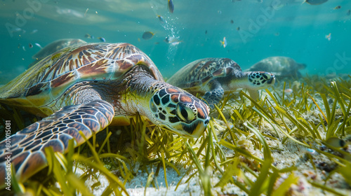  A group of green sea turtles grazing on seagrass in shallow waters.