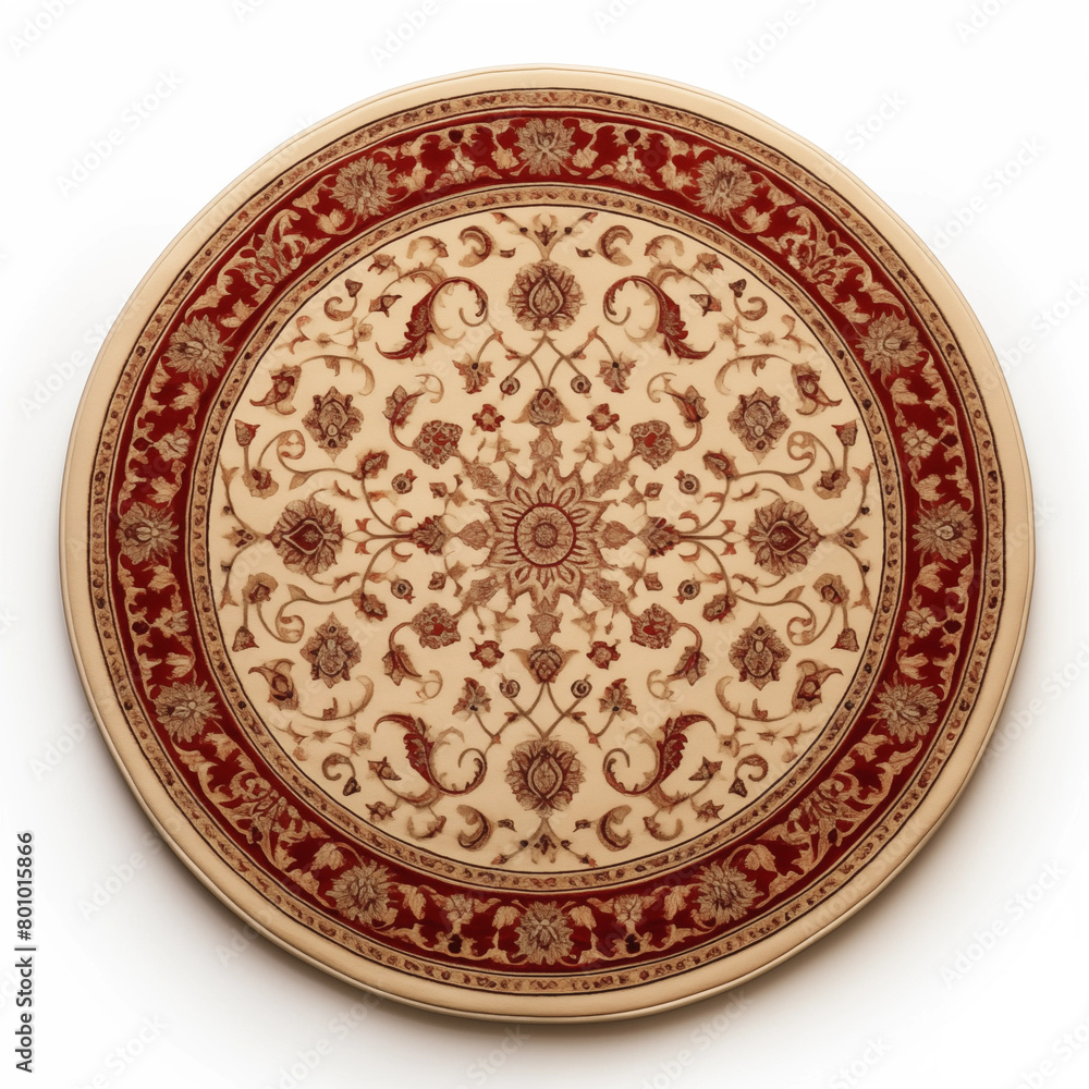 Round vintage carpet with red and beige floral damask pattern isolated on white background Top view of retro home decor