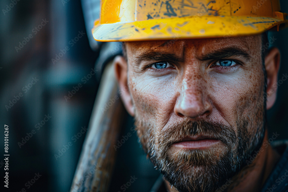 Portrait of a middle-aged male construction worker with a pensive expression wearing a yellow safety helmet Portrait of a middle-aged male construction worker with a pensive expression wearing a yellow safety helmet
