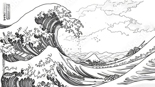 Japanese ukiyo-e art of the great wave off kanagawa by hokusai as an coloring page