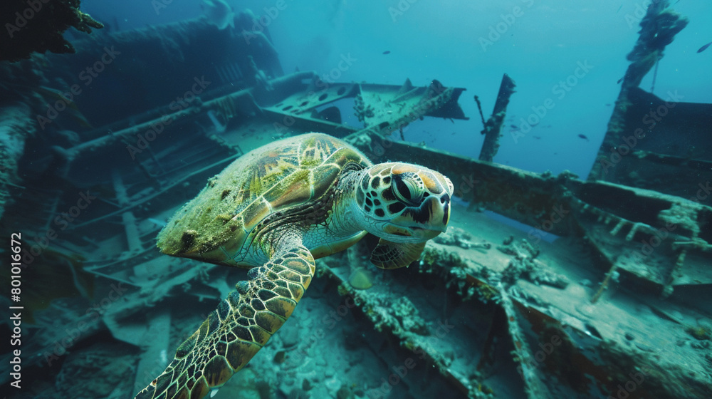 Obraz premium A loggerhead sea turtle diving deep into the ocean to explore a shipwreck. 