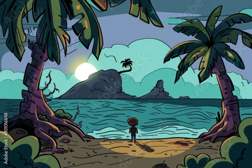 Cartoon cute doodles of a lone survivor stranded on a deserted island, hunted by a mysterious creature lurking in the shadows as they struggle, Generative AI 