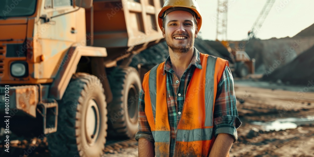 Portrait of a man construction worker truck driver with a safety helmet and safety vest in front of a dump truck Portrait of a man construction worker truck driver with a safety helmet and safety vest in front of a dump truck