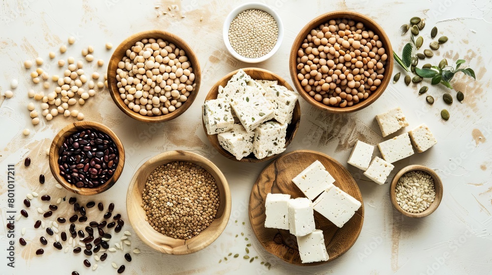 A refined, minimalist setup of plantbased protein items such as tempeh, hemp seeds, and black beans, against a calm, neutral background A refined, minimalist setup of plantbased protein items such as tempeh, hemp seeds, and black beans, against a calm, neutral background