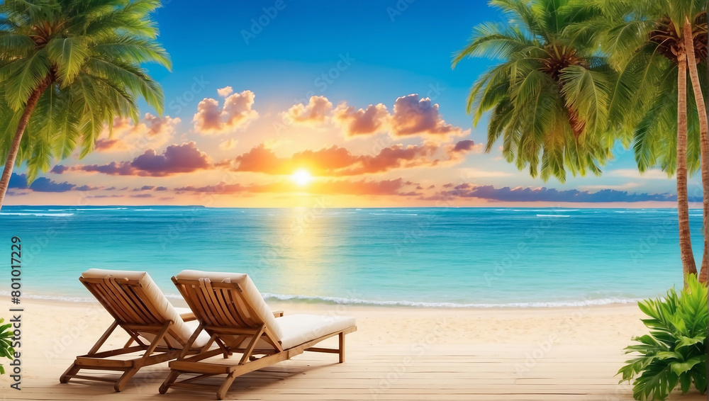 a beach scene. There are two empty lounge chairs sitting on the sand facing the ocean. The sun is setting over the water, casting a pink and purple glow across the sky. There are palm trees on the bea