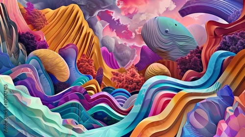 Colorful and vibrant digital landscape, featuring undulating geometric shapes and elaborate patterns