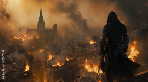 cinematic assassin standing on the roof, overlooking burning medieval city in background, smoke and fire, fantasy 