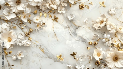 Elegant Display of White and Gold Flowers with Leaves on Pristine White Marble Texture