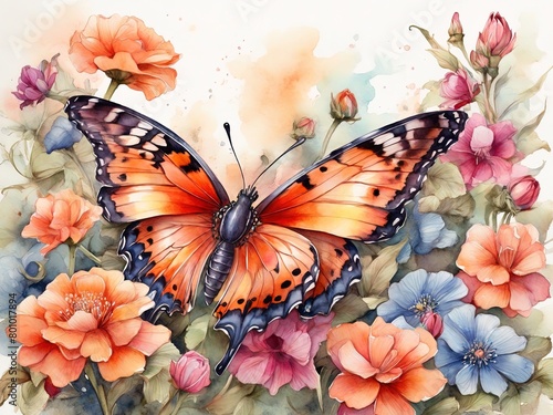 Watercolor illustration of close-up a beautiful colorful butterfly on a summer flower