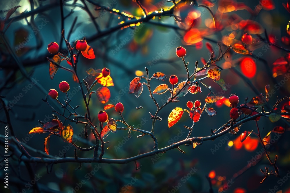 Sunlit Berries and Autumn Leaves on Branches