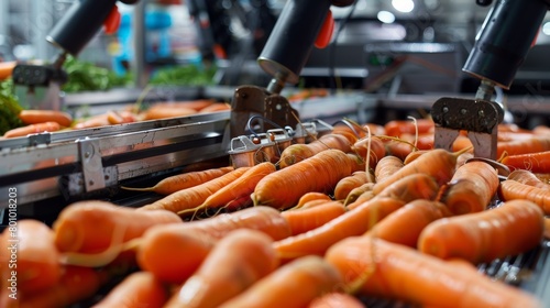 A conveyor belt system with robotic arms sorting harvested carrots by size and quality, discarding any imperfections.