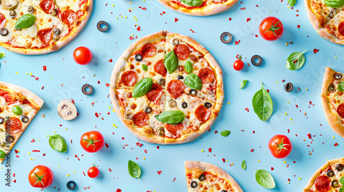 Many tasty pizzas and ingredients on light blue background